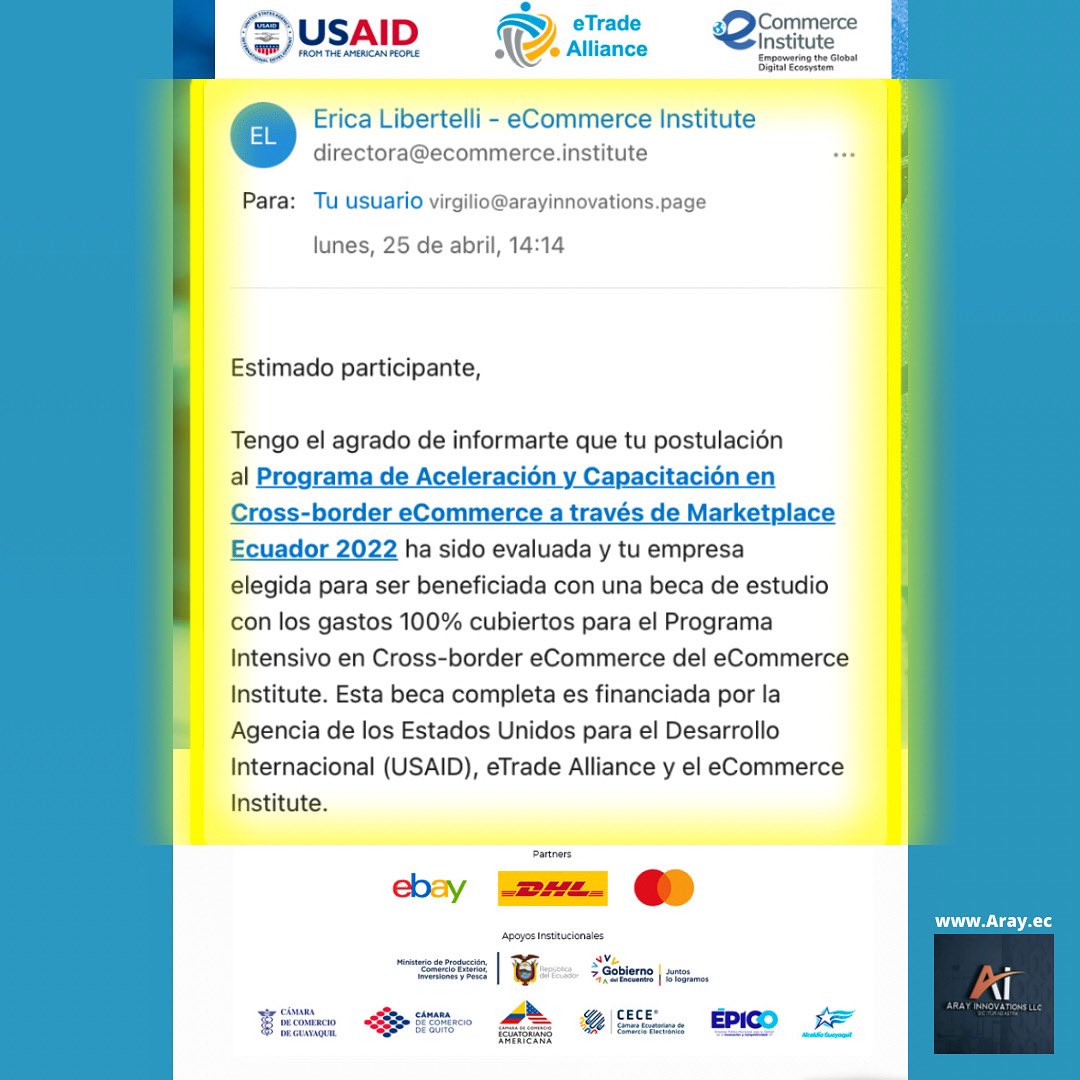 lio_aray's tweet photo. 🔸Buen inicio de semana! he sido seleccionado para el programa de aceleración en #crossborder #eCommerce. Gracias a la @USAIDEcuador que financia la beca, a los partners cómo #ebay #dhl #mastercad y el apoyo de las diferentes instituciones. https://t.co/3YYAqiXjAK