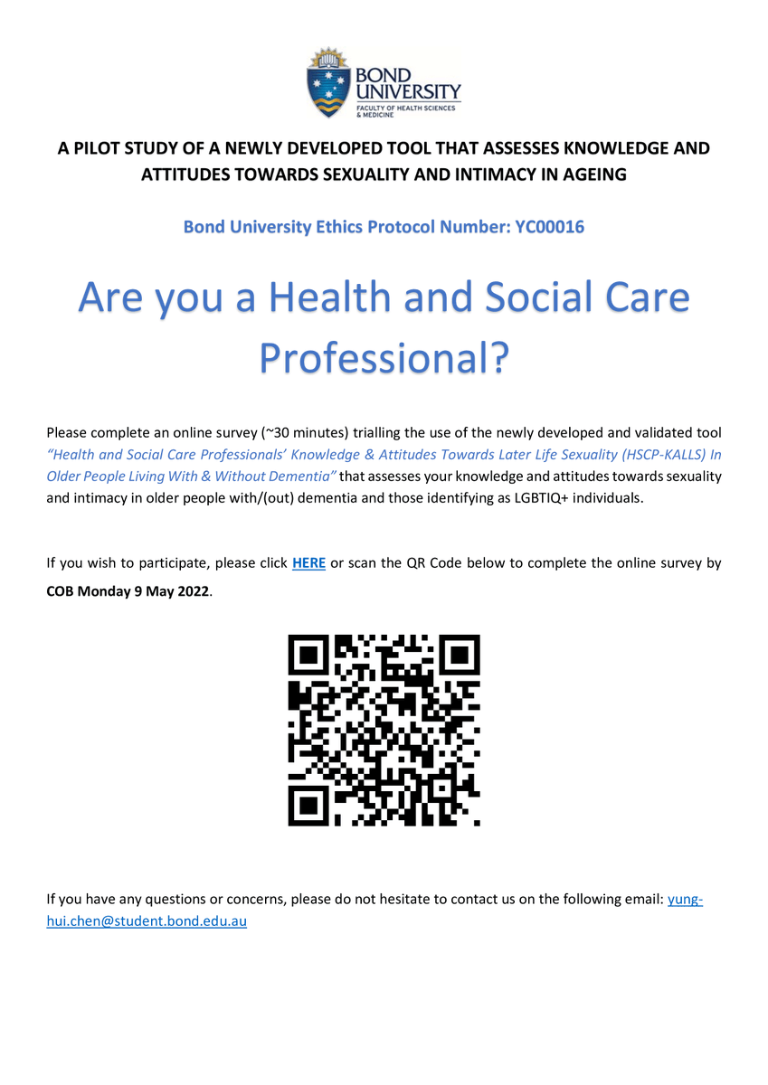 Are you a Health and Social Care Professional? Please complete an online survey trialling the use a new tool “Health and Social Care Professionals’ Knowledge & Attitudes Towards Later Life Sexuality In Older People Living With & Without Dementia” shorturl.at/avTX6