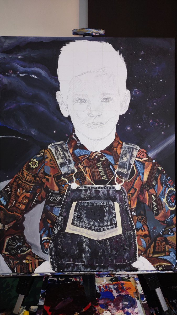 cinema613's tweet photo. Progress on a new commissioned portrait, follow me for more artwork. 
#art #painting #portrait #portraitpainting #realism #child #children #90s #1990s #space #galaxy #clothing #artwork #canadian #canadianart https://t.co/9IGgw3Tpre