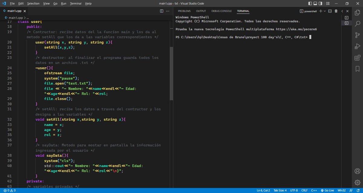 bruno_Guzman_'s tweet image. DAY 3~
Dia 3, programando un poco de C++, usando clases básicas con constructor, destructor, métodos, strings.
librerías : fstream, iostream, string.
#Cpp #cplusplus #C #programing #100DaysOfCode #100daysofcodechallenge #exe #OOP #PROGRAMACIÓNORIENTADAaOBJETOS #python