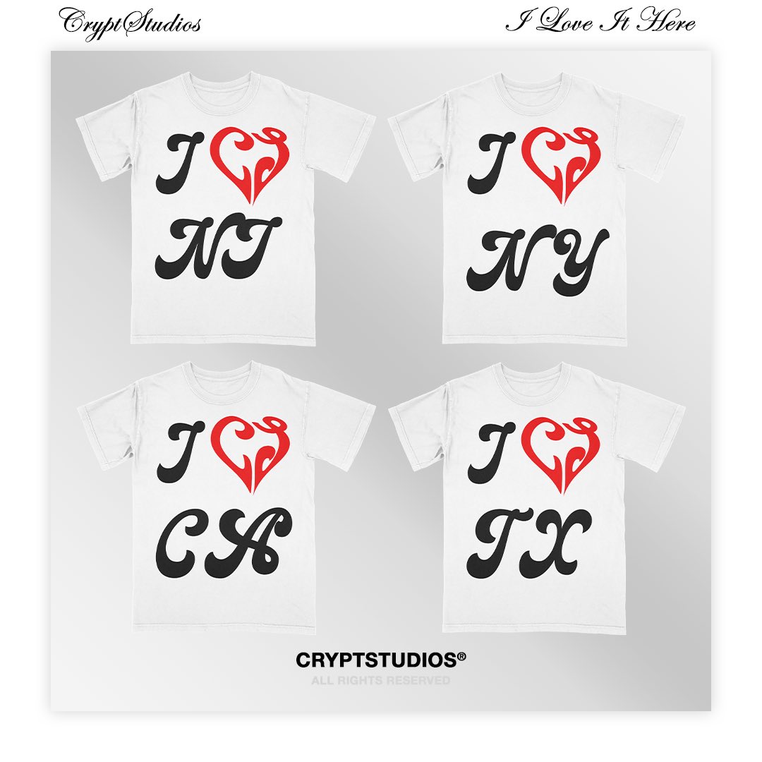 CRYPTSTUDIOS® Spring/Summer 2022 I Love It Here Tee Available 5/6 @ 12:00PM EST!

~ Made In USA Finished In NJ
~ 100% Cotton
~ Relaxed Fit True To Size