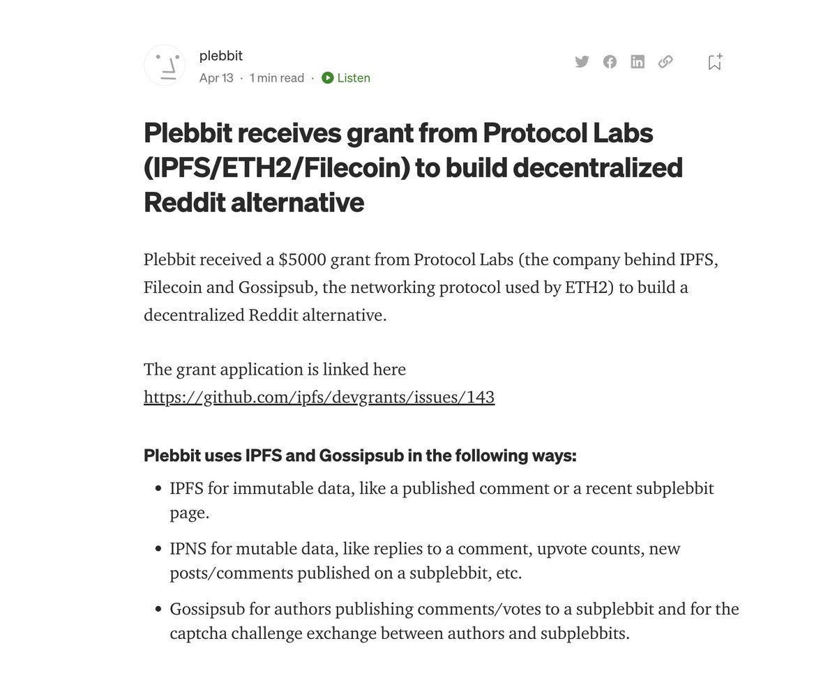 Have you heard the amazing news?! 🤩

@getplebbit recently received a Next Step Microgrant to support their efforts in building a decentralized alternative to Reddit using IPFS for storage!

Take a look! 👉 medium.com/@plebbit/plebb…
