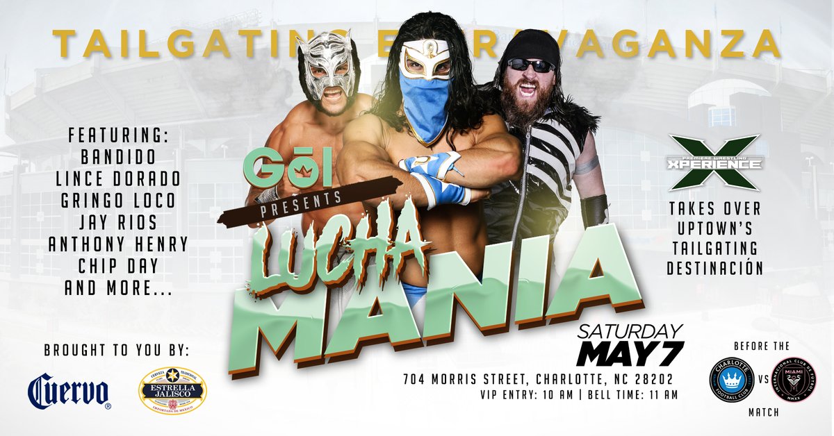 PWX takes over Uptown as #GoLCLT presents #LuchaMania featuring <a href="/bandidowrestler/">Bandido🔫🌵</a>, 
<a href="/LuchadorLD/">“Lucha Lit” Lince Dorado</a>, <a href="/GringoLocoOG/">GringoLoco グリンゴ • ロコ</a>, and more!!

A unique tailgating experience as Lucha fills the air before the @CharlotteFCmatch on May 7th!! Tickets go on sale at 10am on 4/26 at pwx.simpletix.com