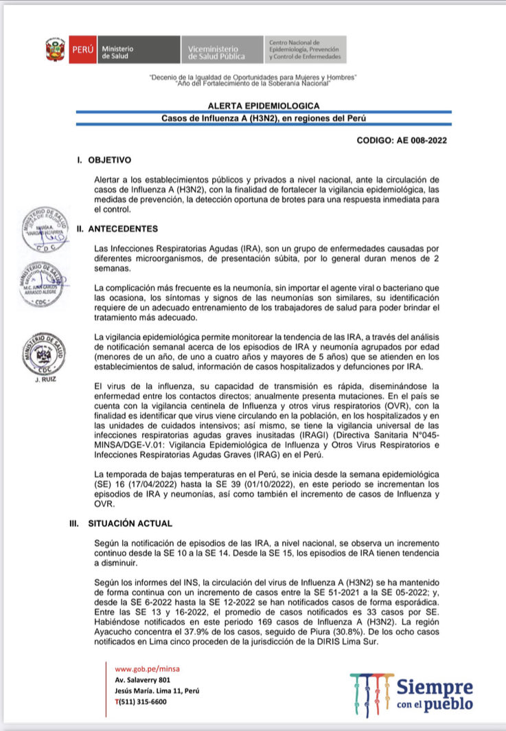 NicolasLucar's tweet image. Urgente! ⁦@Minsa_Peru⁩ emite alerta epidemiológica por casos de Influenza A ( H3N2 ) y reporta un primer fallecido en una instalación militar en Lima