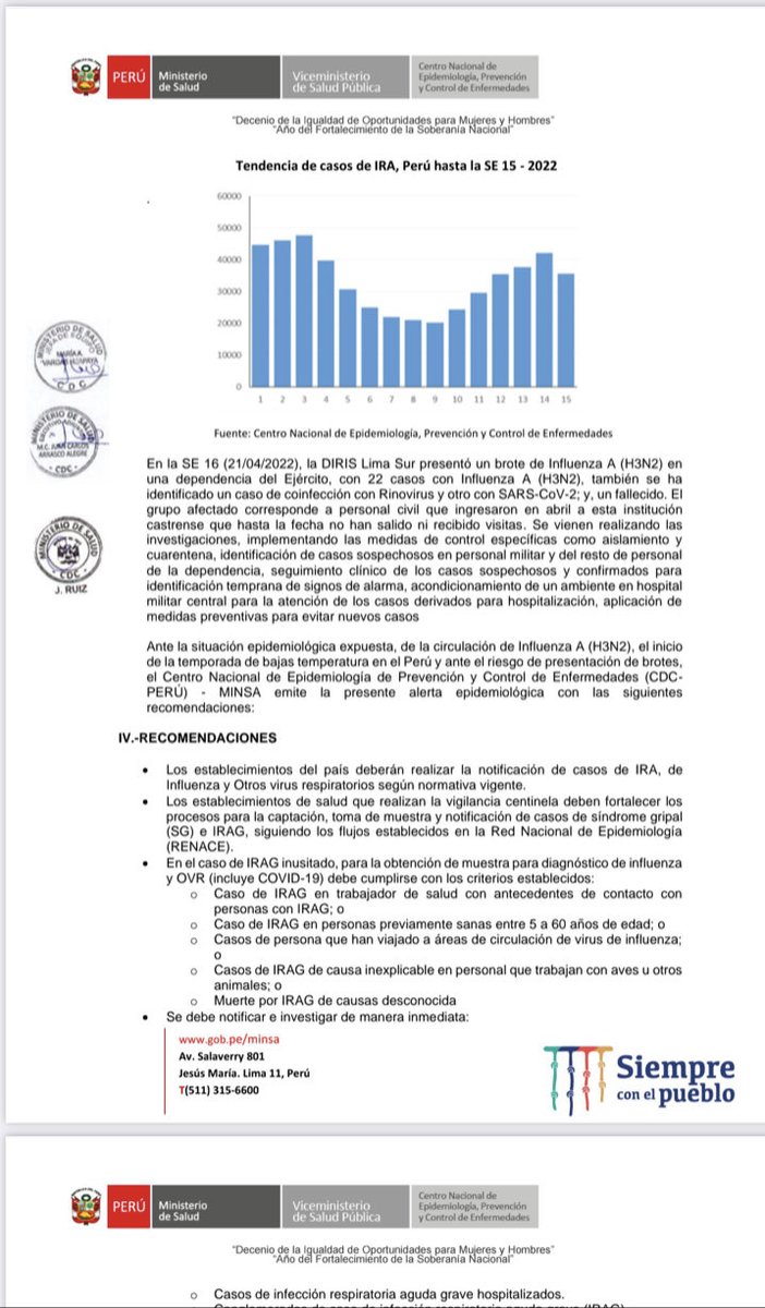 NicolasLucar's tweet image. Urgente! ⁦@Minsa_Peru⁩ emite alerta epidemiológica por casos de Influenza A ( H3N2 ) y reporta un primer fallecido en una instalación militar en Lima