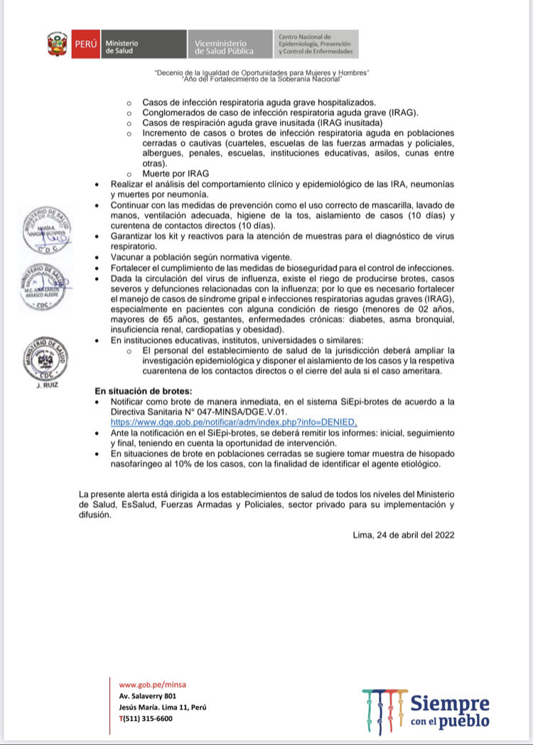 NicolasLucar's tweet image. Urgente! ⁦@Minsa_Peru⁩ emite alerta epidemiológica por casos de Influenza A ( H3N2 ) y reporta un primer fallecido en una instalación militar en Lima