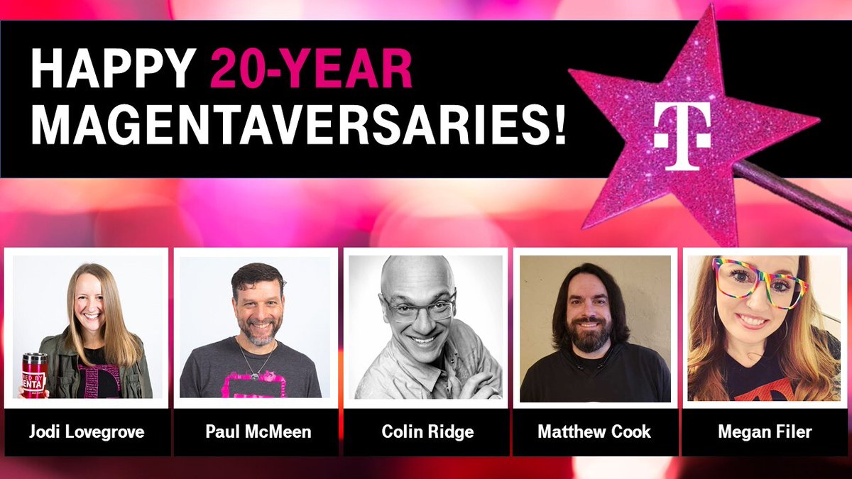 DeeanneKing's tweet image. Cheers to 20-Years! Love celebrating the April Magentaversaries! Jodi is an executive recruiting whiz. Paul brings deep technology expertise. Colin is THE podcast MAN at T-Mobile. Matthew brings the energy. And Megan puts her heart into diversity recruiting relationships! #20YRS