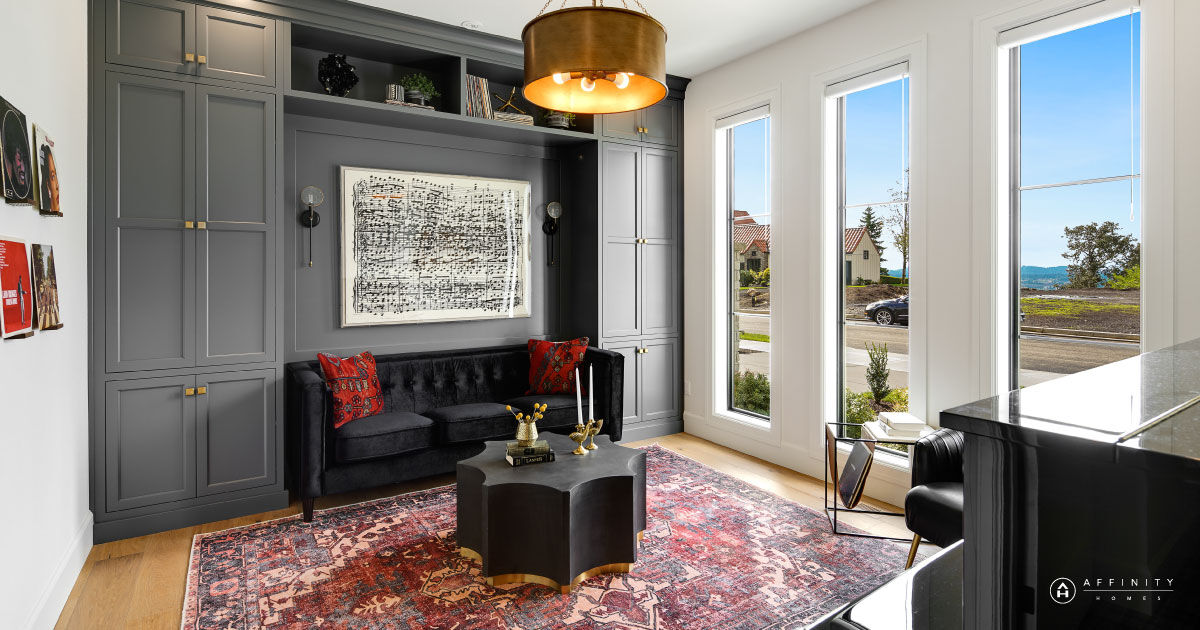 Do you have a statement room in mind for your new home? One of our favorite things to do is make unique spaces that are meaningful to our clients. We designed this plush music room for the Hamlin, our 2019 Parade Home. 🌹  bit.ly/3LnO7zC 

#luxury
#affnityhomesllc