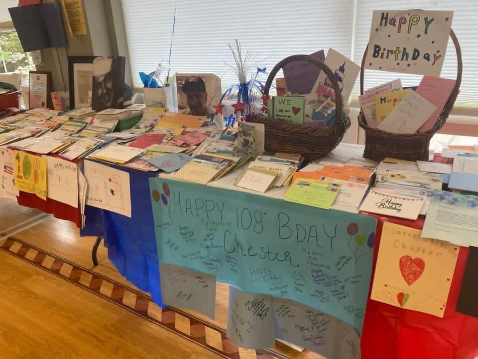 THVCpride's tweet photo. We are in awe of the outpouring of love for our dear Chester, who celebrated his 108th birthday today. He received 1,800 cards from 36 states, England and Germany! He was so very grateful. To everyone who sent a card... you made his day incredibly special and we thank you!!⚓️❤️🇺🇸 https://t.co/kOVkQJ7SuB