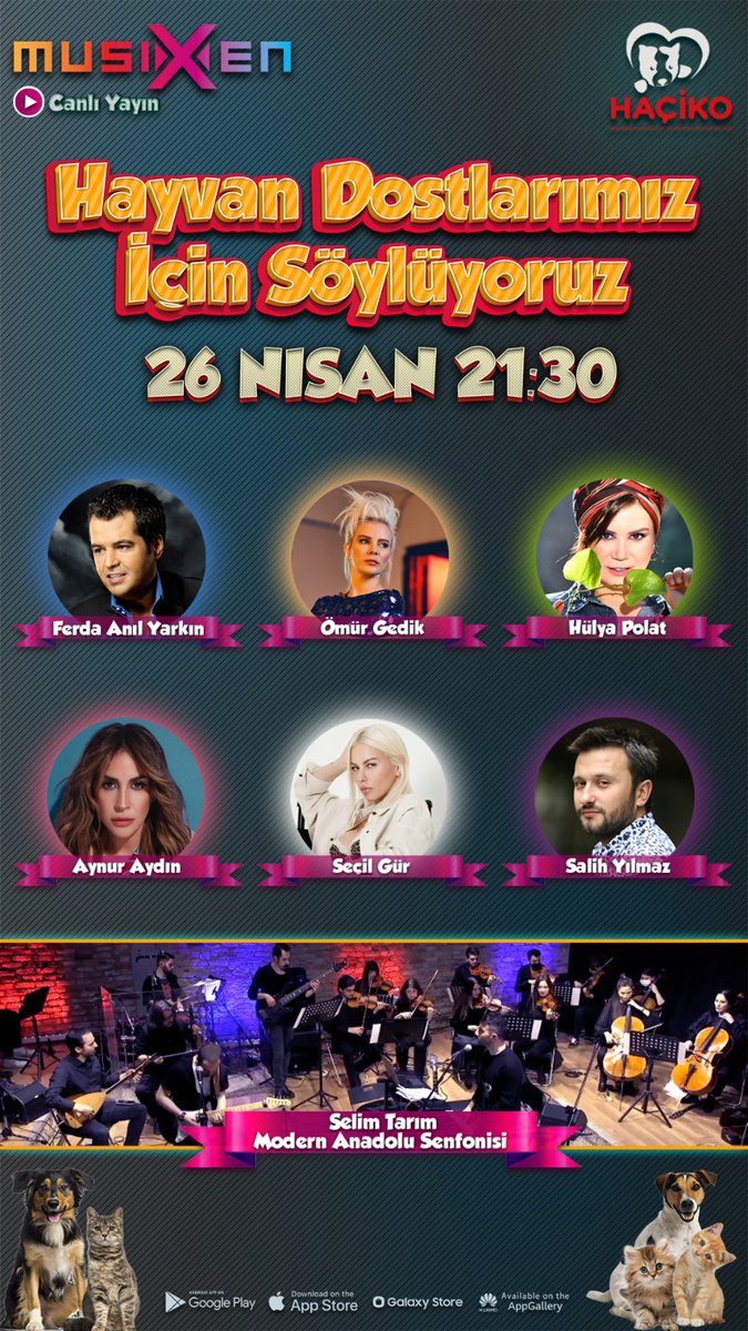 Merhabalar, bu akşam sokak hayvanları yararına bir konser yapacağız. Uygulamayı telefona indirip 21:30'da canlı yayını izleyebilir, yorumlarınız ile katılabilirsiniz. Uygulama indirme linki: apps.musixen.com  Görüşmek üzere 😊🙏 #SokakHayvanlarıSahipsizDeğil