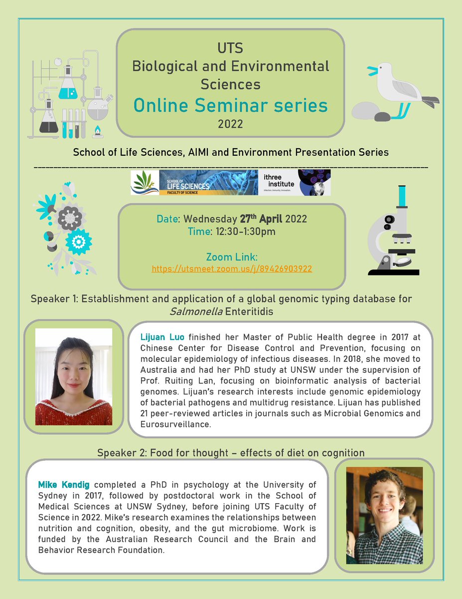 Yan Liao (@yanliao317) on Twitter photo We will hold our first 2022 UTS Biological and Environmental Sciences Online Seminar tomorrow. We have two great speakers <a href="/LijuanAda/">Ada Lijuan Luo</a> and <a href="/mike_kendig/">Mike Kendig</a>.
Please join us online on 27th April (this Wed) at 12:30 p.m. AEST. utsmeet.zoom.us/j/89426903922
@ithreeinst <a href="/UTS_Science/">UTS Science</a> <a href="/UTS_SPDA/">UTS SPDA</a> We will hold our first 2022 UTS Biological and Environmental Sciences Online Seminar tomorrow. We have two great speakers <a href="/LijuanAda/">Ada Lijuan Luo</a> and <a href="/mike_kendig/">Mike Kendig</a>.
Please join us online on 27th April (this Wed) at 12:30 p.m. AEST. utsmeet.zoom.us/j/89426903922
@ithreeinst <a href="/UTS_Science/">UTS Science</a> <a href="/UTS_SPDA/">UTS SPDA</a>