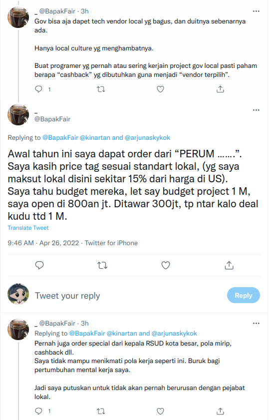 arjunaskykok's tweet photo. Ada yang bilang bahwa mengambil tender aplikasi peranti lunak dari pemerintah harus pakai sistem "cashback".

Biaya proyek 1 BTC, resmi. Tp vendor cuma dapat 0,3 BTC. Sisanya, 0,7 BTC, vendor mesti "kasih balik" ke oknum.

Jadi aku tanya2 ke pelaku industri. Berikut jawabannya 👇 https://t.co/4Q3AeKjb1G