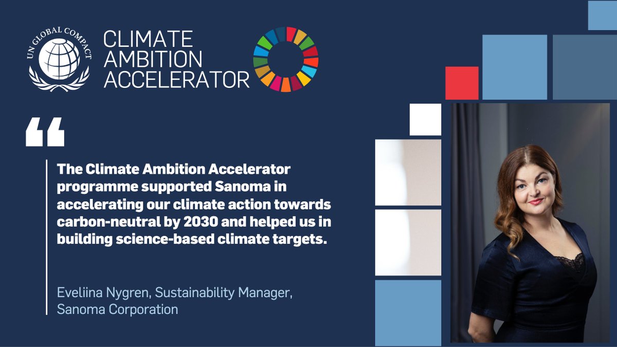 In 2021, Sanoma's Sustainability Manager <a href="/evecharlotta/">Eveliina Nygren</a> was one of the 1300 participants of <a href="/globalcompact/">UN Global Compact</a>'s #ClimateAmbition Accelerator.

The program supported <a href="/Sanoma/">Sanoma IR</a> in building ambitious <a href="/sciencetargets/">Science Based Targets initiative</a>, and can do so too for your company! Apply now: bit.ly/3ukoBl9