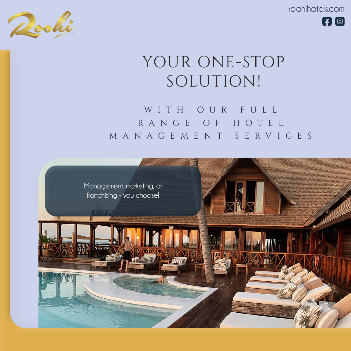 Roohi Hotels & Resorts (@roohihotels) on Twitter photo Our complete range of hotel solutions allow you to outsource management, marketing, or franchising to us. In turn, we use our decades long experience & technological processes to bolster your branding & increase sales. Inquiry & Reservation: +91 7304492122 / sales@roohihotels.com Our complete range of hotel solutions allow you to outsource management, marketing, or franchising to us. In turn, we use our decades long experience & technological processes to bolster your branding & increase sales. Inquiry & Reservation: +91 7304492122 / sales@roohihotels.com
