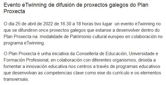 Evento de difusión de proxectos eTwinning do #PlanProxecta embaixada.etwinning.gal/2022/04/evento…
Graciñas a todas as participantes!!