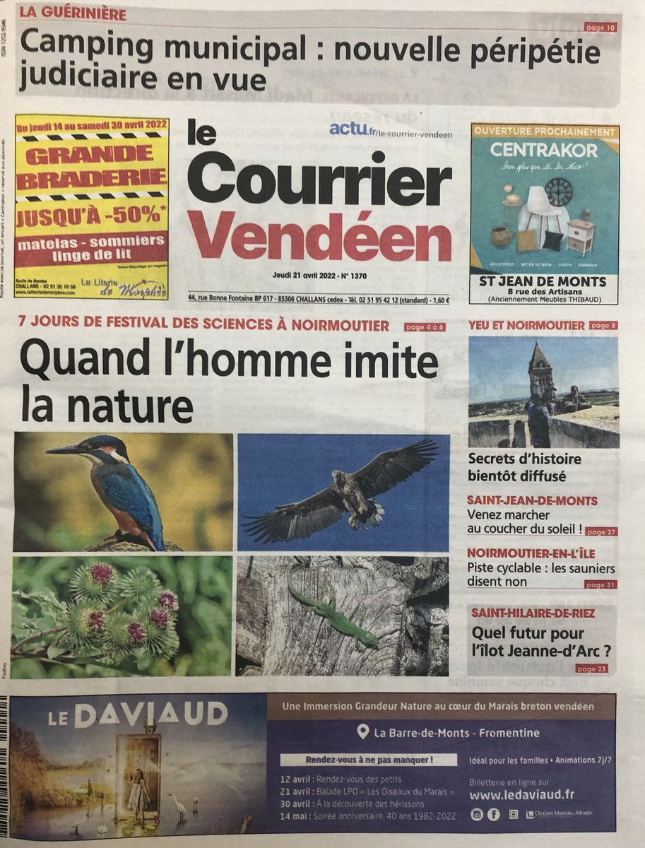 Hemarina's tweet photo. Très belle couverture du #lecourriervendéen pour couvrir le Festival des Sciences sur le #biomimétisme ou quand la #nature inspire l’#innovation #noirmoutier #inspiration #deeptech #hemarina #hemo2life #arenicole #mer #mareehaute #mareebasse = #ischemie #reperfusion en #medecine https://t.co/V7bdMqoJb3