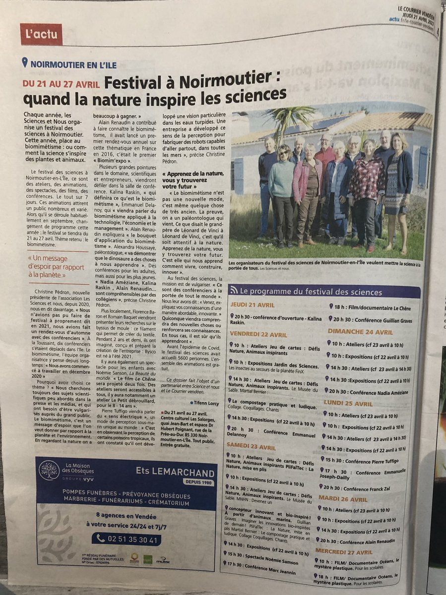 Hemarina's tweet photo. Très belle couverture du #lecourriervendéen pour couvrir le Festival des Sciences sur le #biomimétisme ou quand la #nature inspire l’#innovation #noirmoutier #inspiration #deeptech #hemarina #hemo2life #arenicole #mer #mareehaute #mareebasse = #ischemie #reperfusion en #medecine https://t.co/V7bdMqoJb3