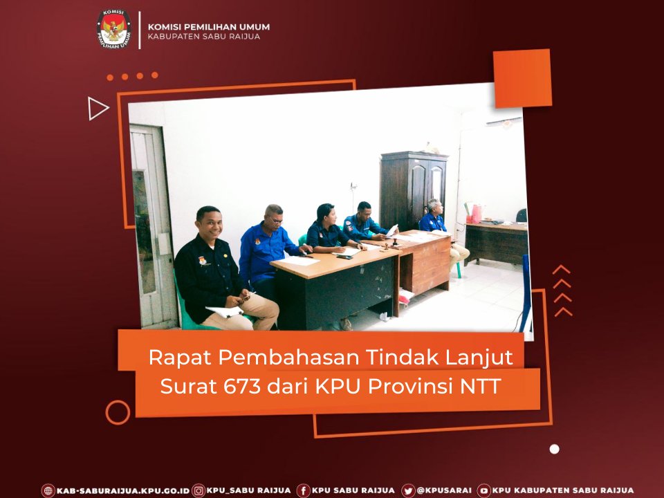 KPU Kabupaten Sabu Raijua (@kpusarai) on Twitter photo #temanpemilih 
Hari ini (26/04/22) Sekretariat KPU Sabu Raijua melaksanakan Rapat Pemabahasan Tindak Lanjut Surat 673 dari KPU Provinsi yang pada pokoknya merupakan Penegasan turunan dari hasil Rapat Pimpinan yang telah dilaksanakan pada 23 - 26 Februari 2022. #temanpemilih 
Hari ini (26/04/22) Sekretariat KPU Sabu Raijua melaksanakan Rapat Pemabahasan Tindak Lanjut Surat 673 dari KPU Provinsi yang pada pokoknya merupakan Penegasan turunan dari hasil Rapat Pimpinan yang telah dilaksanakan pada 23 - 26 Februari 2022.