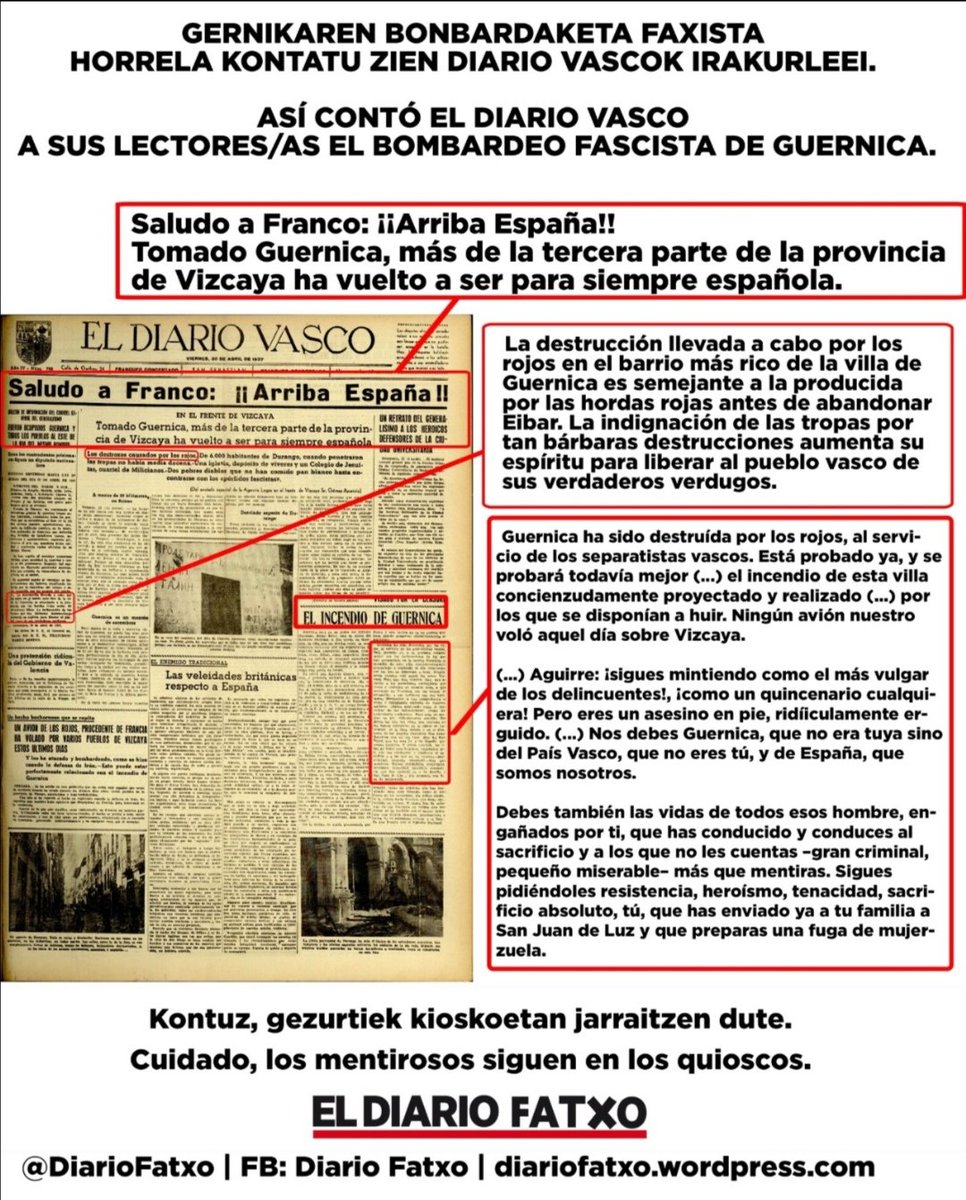 Así mintió El Diario Vasco sobre el bombardeo de #Gernika y trató de engañar sobre la autoría de la masacre fascista contra civiles. 

¿Cuándo pedirán perdón por colaborar con el franquismo?

Cuidado, los manipuladores siguen en los quioscos. No olvidamos. #Gernika85 #Gernika1937