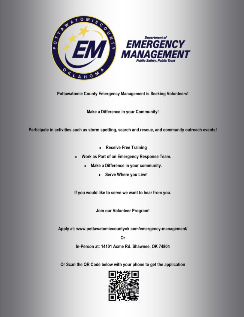 ⚠️EM VOLUNTEERS NEEDED⚠️

We are actively looking for volunteers to come join our awesome team. We have many options available for you to participate in. Such as, storm spotting, EOC operations, communications, etc. #pcoem #EMGTwitter