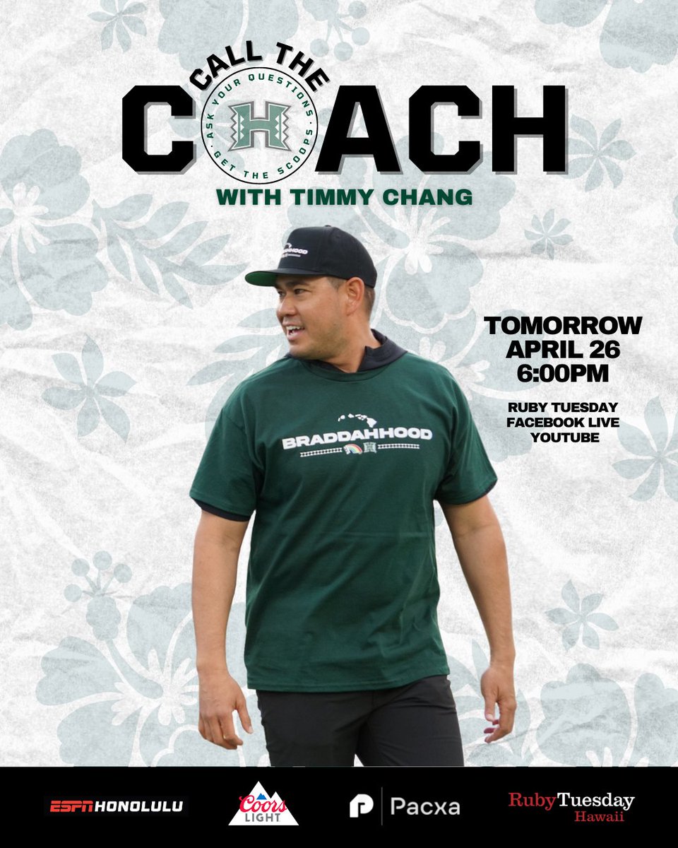 ESPNHonolulu's tweet photo. TOMORROW NIGHT: Join us for Call the Coach with Timmy Chang at Ruby Tuesday in Moanalua Shopping Center! If cannot make it, no worries...you can watch live on our Facebook and YouTube pages OR listen on 92.7FM/1420AM. 🤙
...
#HawaiiFB #CalltheCoach #RubyTuesday #GoBows #hawaii https://t.co/WdllUPeUr4