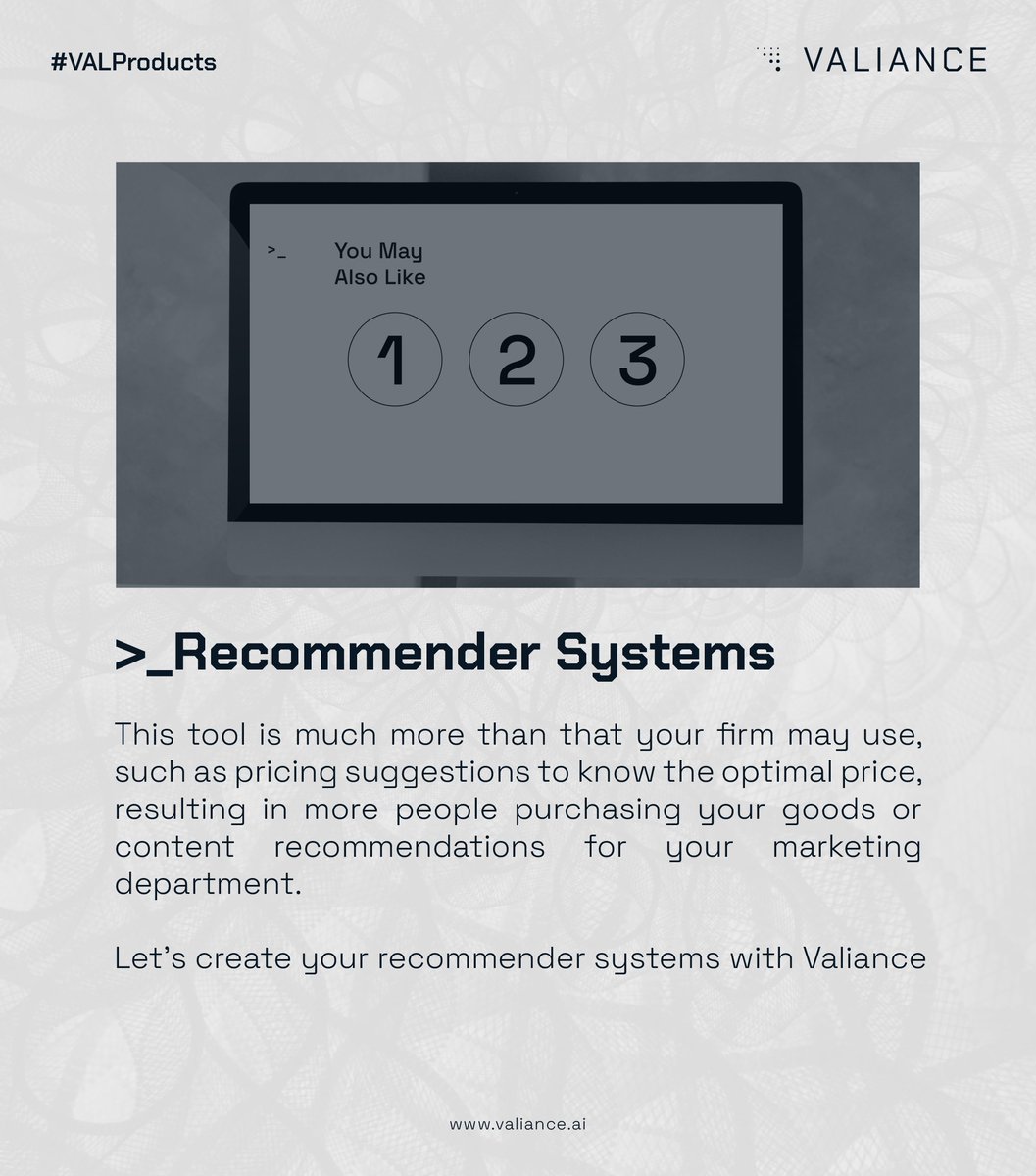 valianceai's tweet photo. Let's create your tailored recommender system with us. 

Learn more https://t.co/W6MRNrjUjW

#VALProduct https://t.co/hkgxi6zMcD
