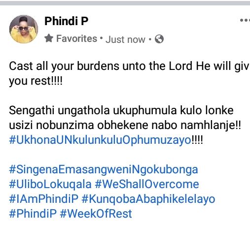 MahliphihliphiB's tweet photo. @Phindi_P_ #ulibolokuqala #phindi p#week of rest #kunqobaabaphikelelayo #singenaemasangweningokubonga #kunqobaabaphikelelayo amen sisi phindi p sibonga ukuvuka namazwi osinika wona ayelapha https://t.co/egkxSpZR7g