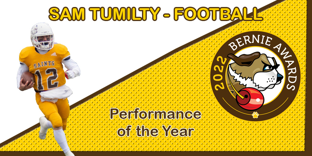USFSaints's tweet photo. On October 23rd, the school and conference records for rushing touchdowns was tied, because Sam Tumilty decided to cross the goal line 5 times. Is that good? That sounds good. Your 2022 Male Performance of the Year: Sam Tumilty (That's 2 Bernies for those of you counting at home) https://t.co/9D11kjeuXX