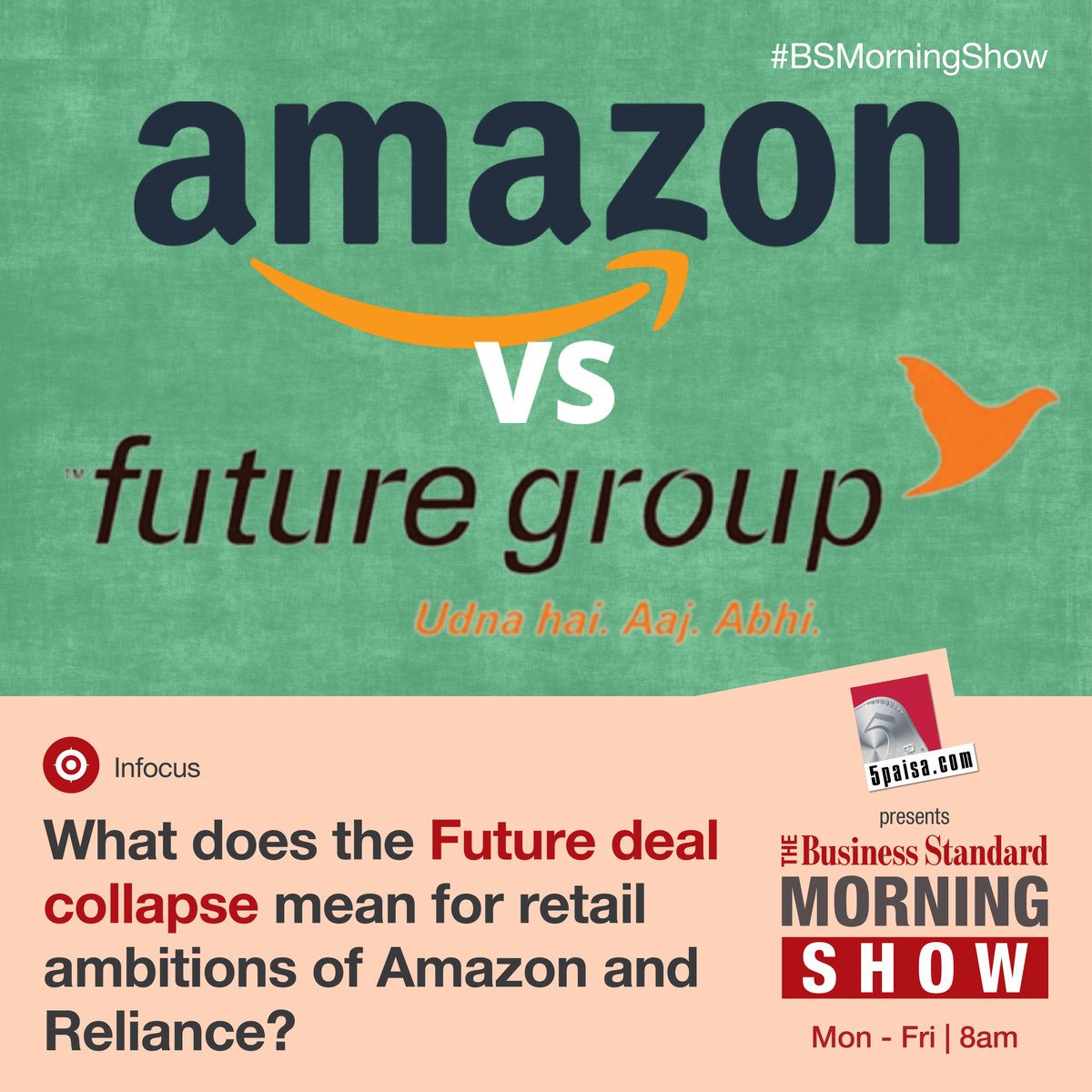 bsindia's tweet photo. What does the Future deal collapse mean for retail ambitions of Amazon and Reliance?
Get the answer in #BSMorningShow. #WatchNow. https://t.co/b881kYTs7N
@5paisa #Amazon #AmazonFuturedeal
Download the all-new BS App here - https://t.co/DAH4tItV3R
https://t.co/9NdfiQk4so https://t.co/h4GLhbqFLv
