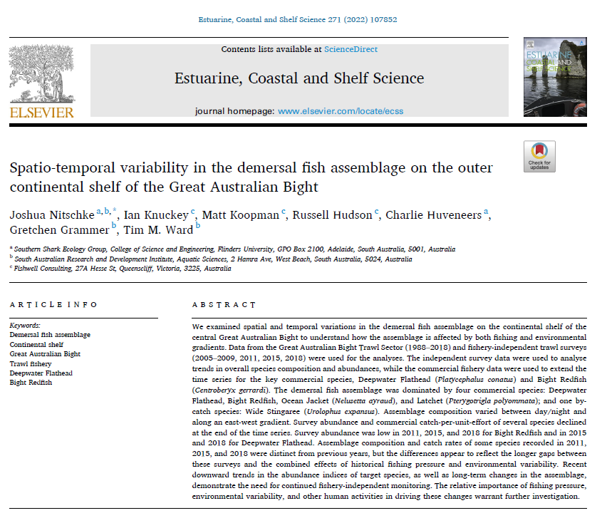 SouthernSharkEG's tweet photo. Something different from the lab: a non-sharky paper by #JoshNitschke showing spatio-temporal variability in fish assemblages in the Great Australian Bight (with #GretchenGrammer #FishwellConsulting #TimWard) https://t.co/KgOEVBG87J