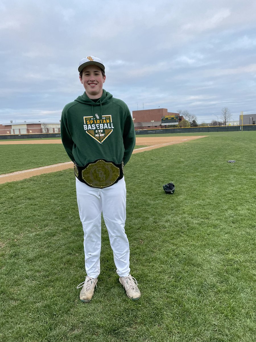 GBN_Baseball's tweet photo. Spartans improve to 12-3 (4-1) after scoring three runs in the bottom of the 7th for a 9-8 victory over Highland Park.

Congratulations to @ColinRoche18 on earning #TheBelt…walk-off single.

Run-scoring singles by Alex Birt and @gott_nj in the bottom of the 7th set the stage. https://t.co/PppSxjUgj9