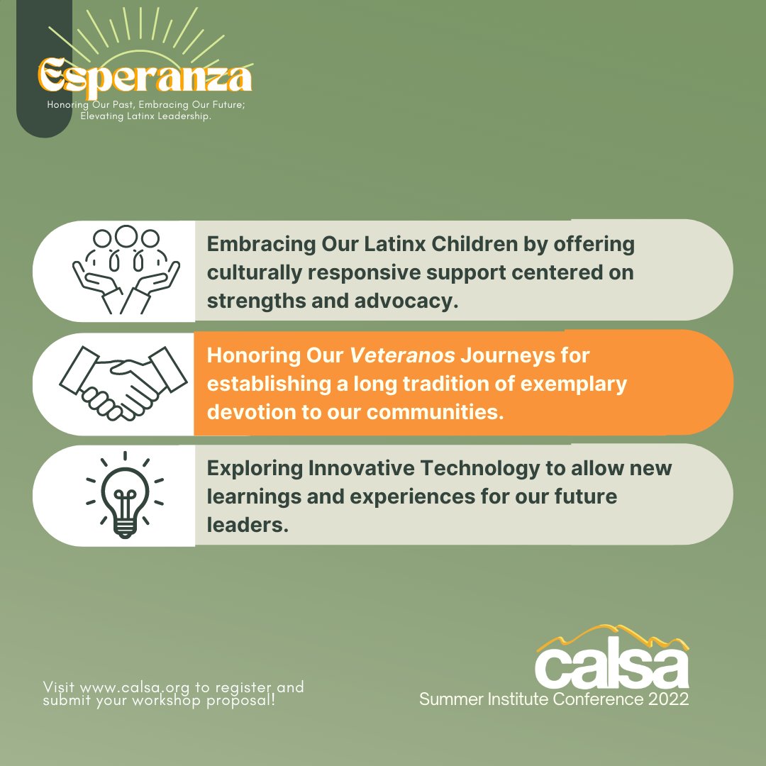 CALSAfamilia's tweet image. Join us for the #2022SummerInstituteConference - Esperanza: Honoring Our Past, Embracing Our Future; Elevating Latinx Leadership, on July 7-9th. Let&apos;s create a pathway for upward mobility for ALL students! #CALSASI2022 #SIEsperanza2022

REGISTER NOW: ➡️  calsa.org/summer-institu…