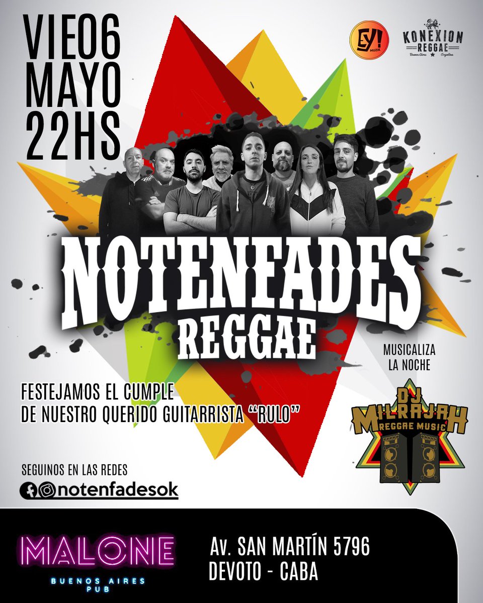 Konexion_Reggae's tweet photo. [AGENDA] Viernes 6/5 toca @notenfadesok en
Av. San Martin 5796, Barrio #devoto 22hs.
#EntradaLibre https://t.co/3g9WnQkczJ