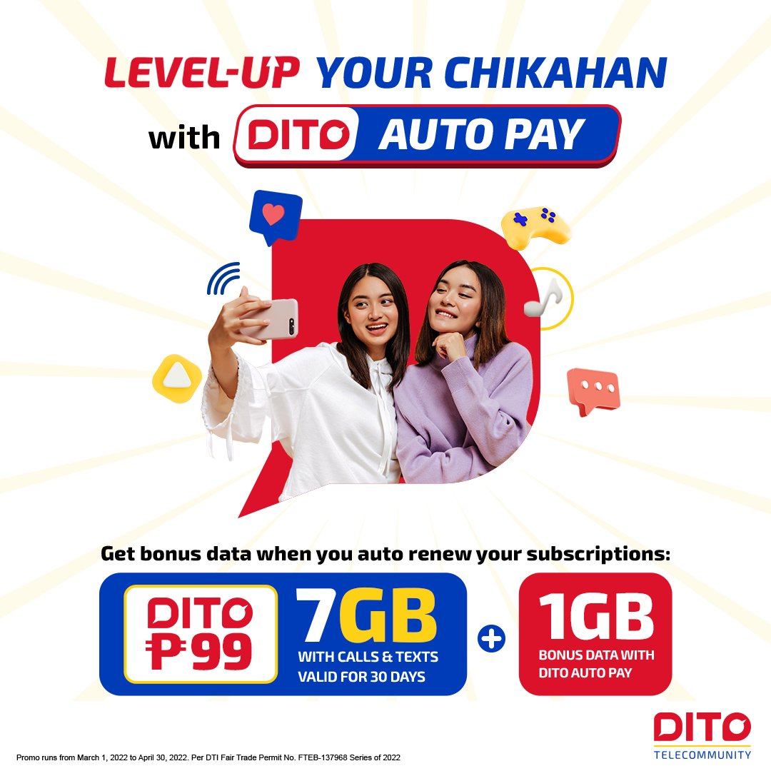 DITOphofficial's tweet photo. Thereβs never a dull moment with your besties DITO! Enjoy hassle-free convenience with automatic resubscription every 30 days with data rollover!β
Subscribe na DITO!β
Learn more: https://t.co/AoDyZ96JCrβ
#LevelUpDITO #DITOAutoPay #DITOtelecommunity https://t.co/7yzQw9iEua