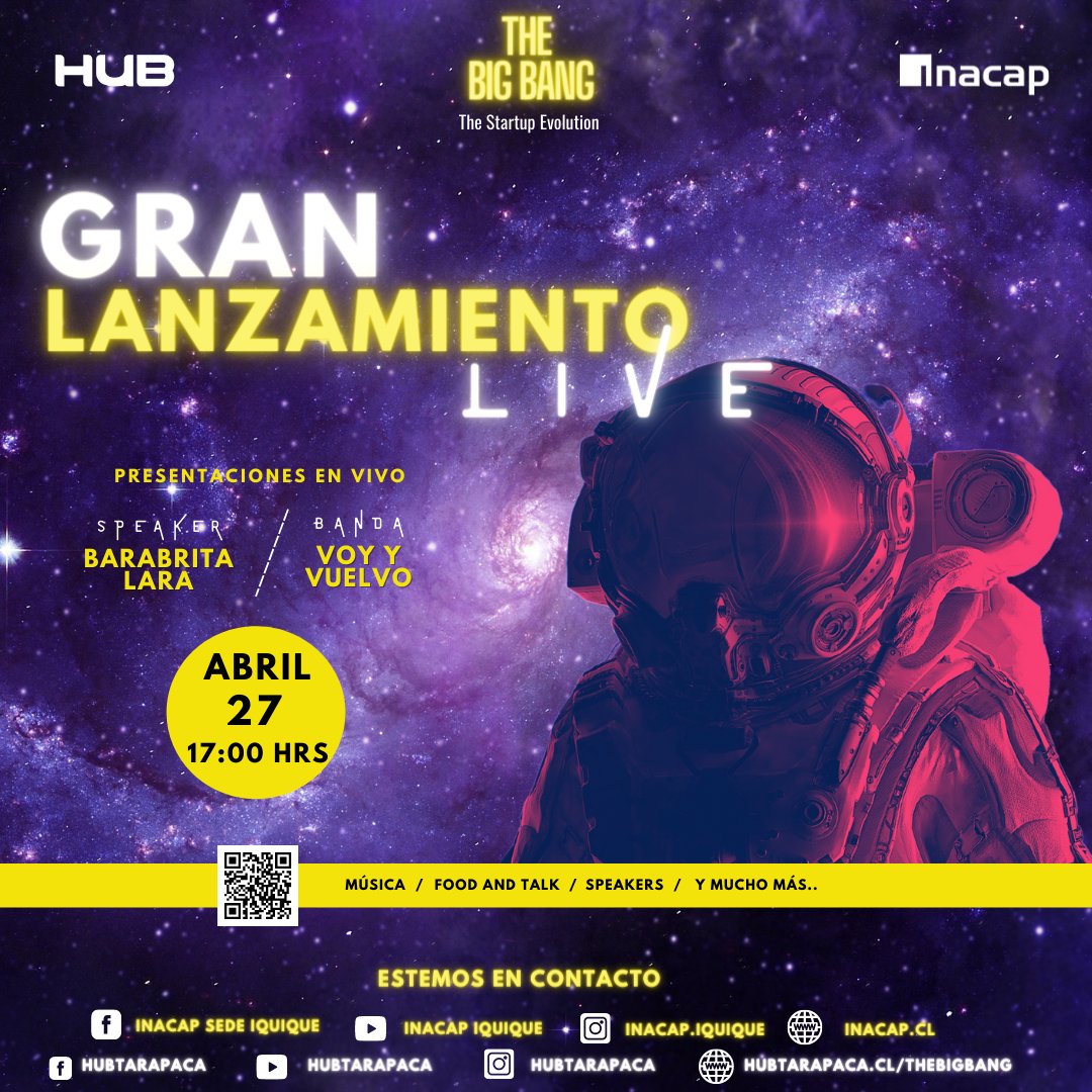 A nuestra comunidad inacapina no puedes faltar  a este tremendo evento para dar apertura a nuestra convocatoria The Big Bang. 
¿quienes puedes participar?
Alumnos y ex alumnos de Inacap de sede Iquique, ven acompáñanos en una noche llena de sorpresas

hubtarapaca.cl/thebigbang