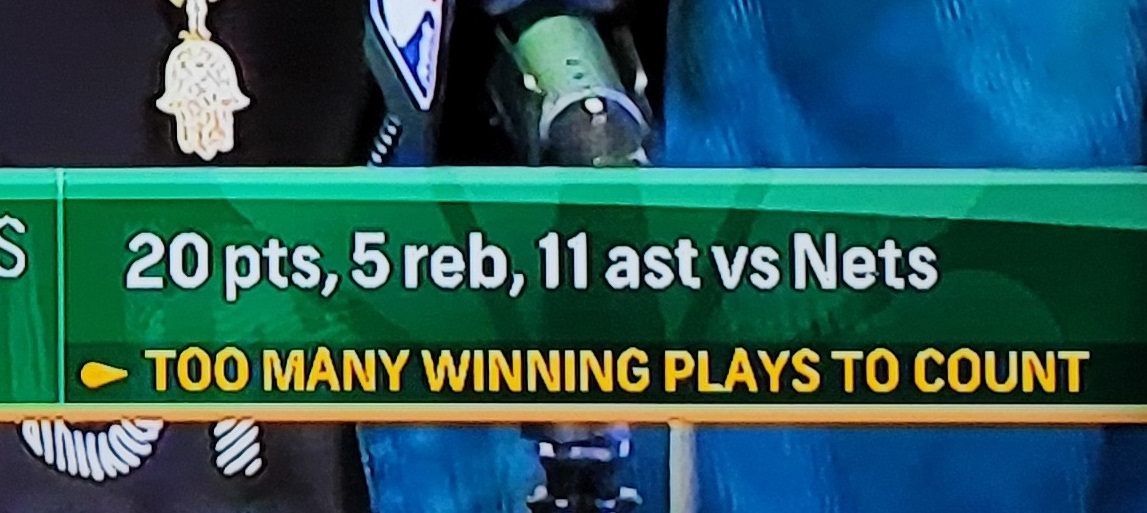 MatHelman's tweet photo. The @NBCSBoston @NBCSCeltics chyron writer having some more fun with it. 🤣🍀

#TooManyWinningPlaysToCount

#MarcusSmart #Celtics #CelticsNets #CelticsVsNets #CelticsIn4 #CelticsNation #BleedGreen @smart_MS3 @aminajadeTV @tvabby @ChrisForsberg_ https://t.co/nQzU6kdH2f