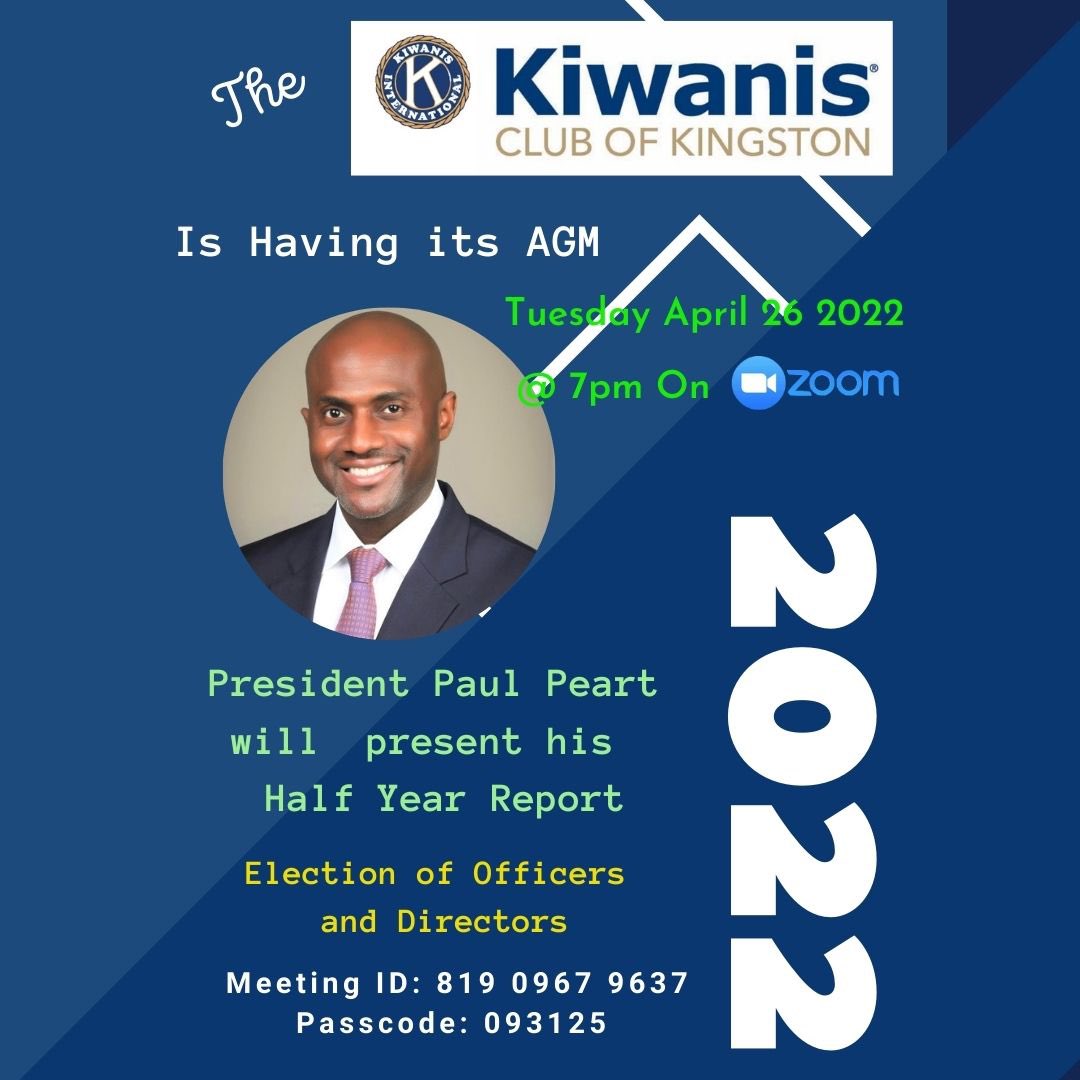 Extending an invite to our AGM on Tues. April 26 @ 7pm via the zoom platform. The Club will elect officers &amp; directors for the 2022-2023 #Kiwanis Admin Year. President Paul Peart will deliver the Club’s half year report.

📌 Pls see zoom details on flyer to join.