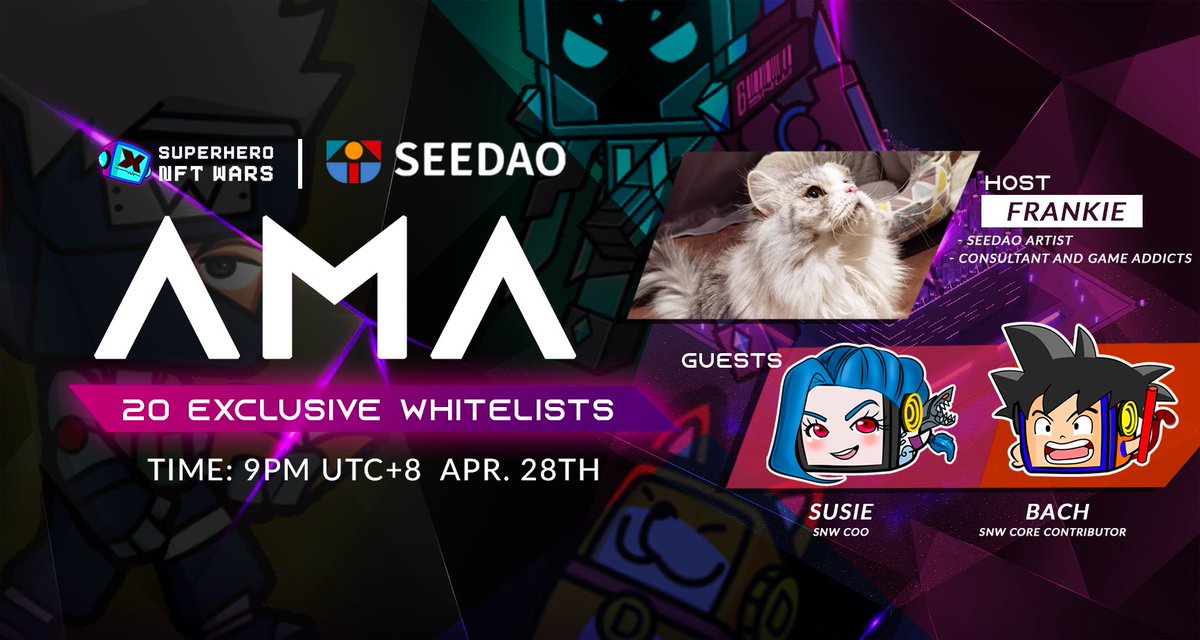 <a href="/see_dao/">SeeDAO</a> x <a href="/supernftwars/">Superhero NFT Wars (SNW)</a> AMA

WoW 0层社交元宇宙！

🗣：<a href="/see_dao/">SeeDAO</a>的Twitter Space
⏰：4月28日晚9点
🎁：转发&amp;AMA现场送出SNW白单

1⃣️转发抽奖：关注<a href="/see_dao/">SeeDAO</a> <a href="/supernftwars/">Superhero NFT Wars (SNW)</a> +RT+@三位好友

2⃣️频道抽奖：discord.gg/seedao #0428-snw-ama  #🌊seedao-nft-holder
