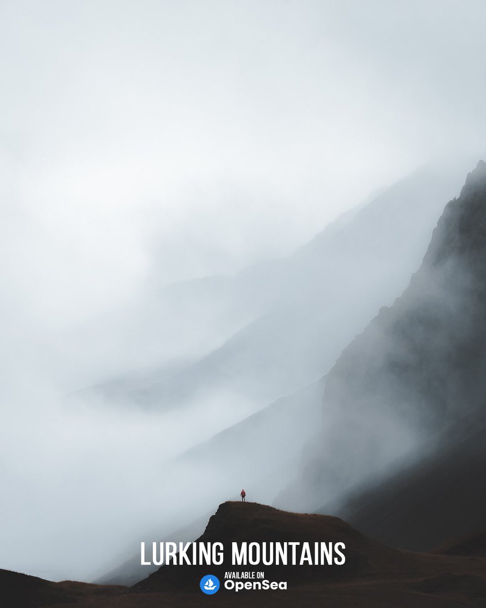 Gm from the misty mountains of Iceland!🗻

Available on <a href="/opensea/">OpenSea</a> for 0.15Ξ (10/16 sold).

A snippet of the story: 
"Here, the fog obscures something ancient and huge. Your mind scarcely registers it as a mountain range, and not the hand of a titan.…”🤍

Link in comments: