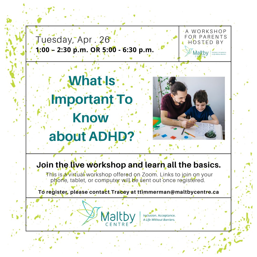 MaltbyCentre's tweet photo. Don't miss our #virtualworkshop for parents tomorrow covering What is Important to Know about #ADHD! We are hosting two sessions between 1-2:30 p.m. and 5-6:30 p.m.
To register, please contact Tracey at ttimmerman@maltbycentre.ca
#adhdawareness #adhdworkshop https://t.co/tcSfXv2WiA