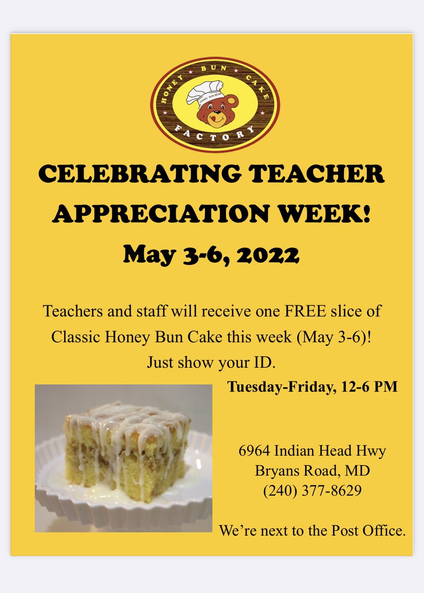 hbcakefactory's tweet photo. We love our educators and staff! Hope to see you next week. #teacherappreciationweek #honeybuncake #haveahoneybunday https://t.co/peQB3g8tKb