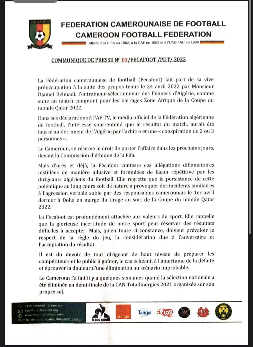 TheCameroonianZ's tweet photo. La @FecafootOfficie va saisir la FIFA après les propos de Djamel Belmadi. 

🌿🌿🌿 https://t.co/tohcFbRgvb