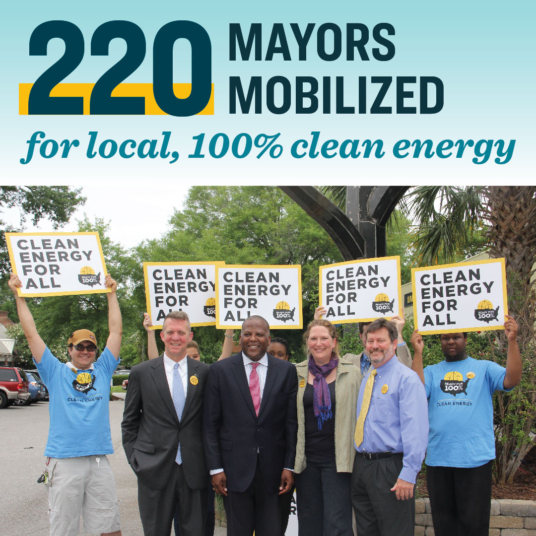 SierraClub's tweet photo. At its launch, #ReadyFor100 advocates helped guide enthusiasm from mayors who wanted to stay in the Paris Agreement. As a result, more than 220 mayors across the country pledged to equitably transition cities to 100% clean energy – and away from dirty fossil fuels. (2/6) https://t.co/I4z1E3zSzV