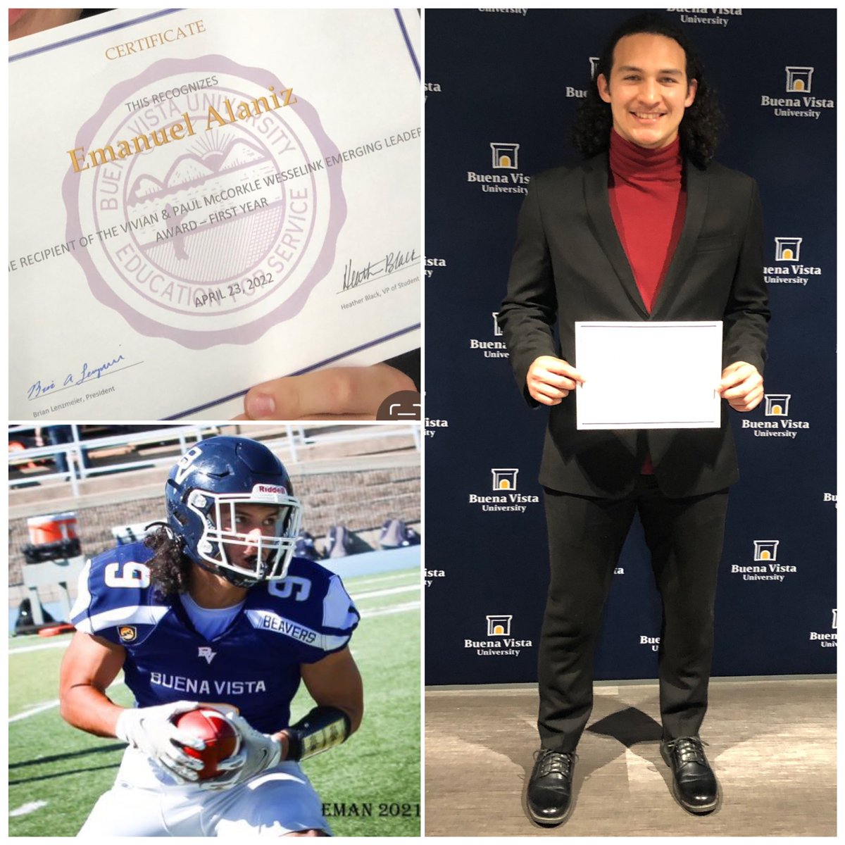 My son’s <a href="/_4Eman_/">Eman Alaniz</a> was nominated at BVU University &amp; won! He is the  <a href="/BuenaVistaUniv/">Buena Vista University</a> freshman class RECIPIENT of one highest award! The prestigious Vivian &amp; Paul McCorkle Weselink Emerging LEADERSHIP Scholarship!  What an HONOR - beyond proud❤️ All honor to God🙏🏻<a href="/BVUFootball/">Beaver Football</a>