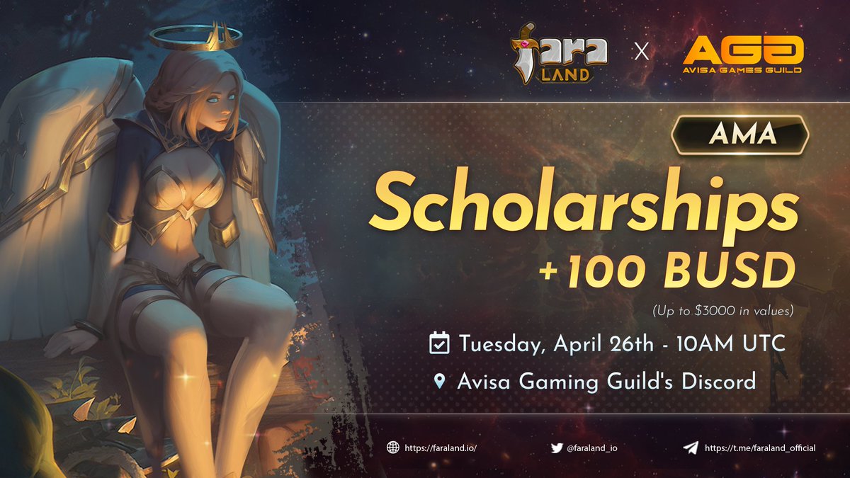 🔥FARALAND x @AvisaGuild AMA🔥

💰Reward: 100 $BUSD and Scholarships (up to $3000 in value)

⏰ Time:  April 26th, 2022 at 10 AM UTC
📍Location: Avisa Guild Discord's Server (discord.gg/hDtW6vFr)

⏳Only 6 hours left!!!

✨Don’t miss out on this AMA✨

#Faraland #AGG #AMA
