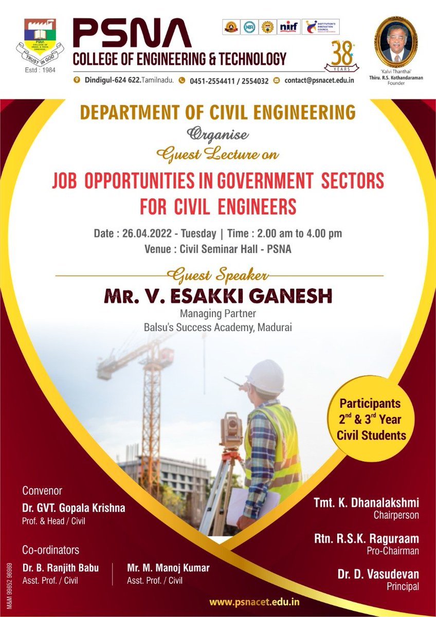 psnacetofficial's tweet photo. CIVIL Engg.- Guest lecture - Job opportunities  in Goverment Sectors for Civil Engineers
#civilengineering #civilservices #civilengineer #civil #jobs #jobopportunities #jobchallenge #jobopening #jobseekers Psnacetofficial Civil psnacet https://t.co/SkzBjfQzy3