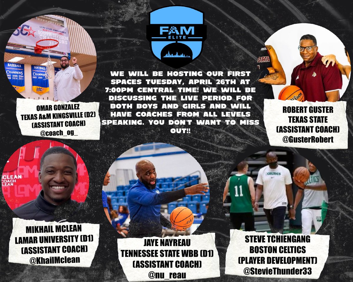 Tomorrow at 7:00pm central time, we will be hosting our first spaces! We will be speaking on the live period and what coaches from both guys and girls program look for. Tap in and listen to what these coaches have to say! #FAMily 🏀🗣