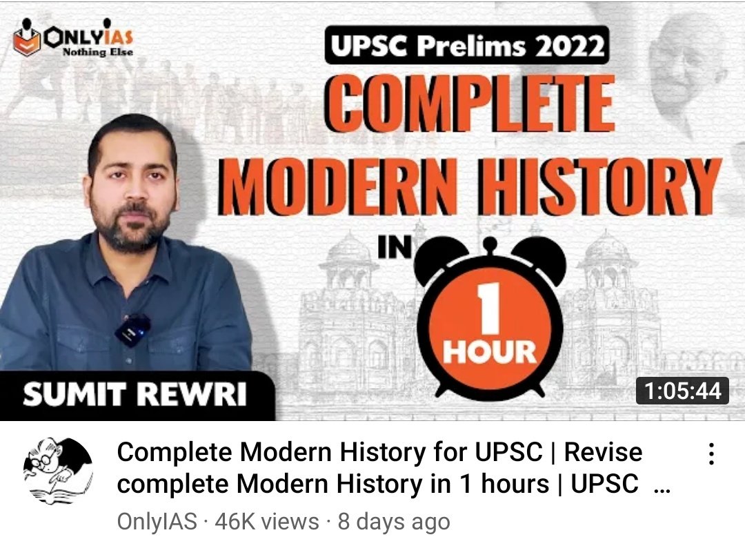 (5/n) Modern HistoryPrimary: * Old 12th NCERT Bipin Chandra (OR) Tamil Nadu 12th History Ch 1-7* New 12th NCERT P3: only Ch 10,11,13 + Ch-14 topic Why/How Did Partition Happen* 4 videosSupplementary:* Spectrum: only 10-20%, for topics missing in above but frequent in PYQs