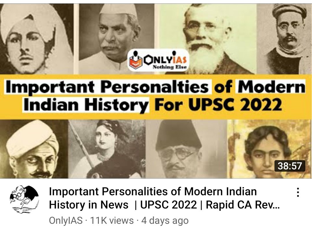 (5/n) Modern HistoryPrimary: * Old 12th NCERT Bipin Chandra (OR) Tamil Nadu 12th History Ch 1-7* New 12th NCERT P3: only Ch 10,11,13 + Ch-14 topic Why/How Did Partition Happen* 4 videosSupplementary:* Spectrum: only 10-20%, for topics missing in above but frequent in PYQs