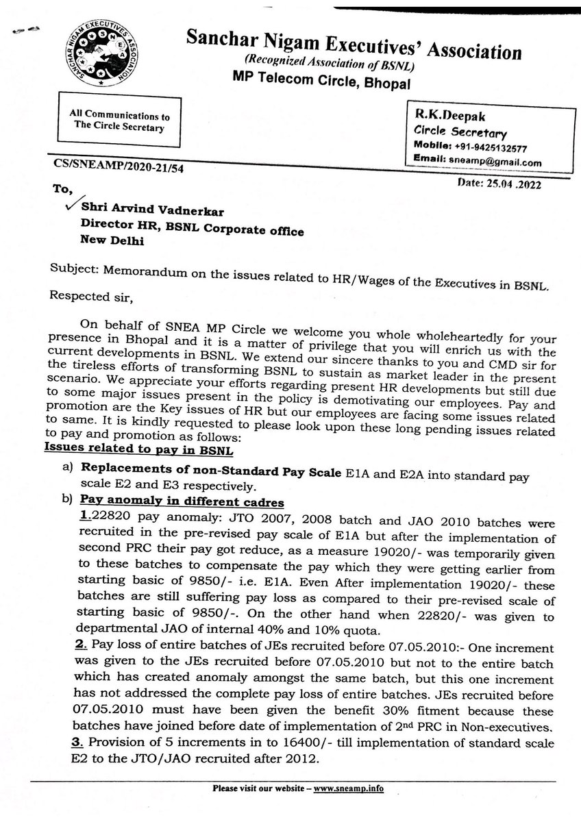 ARJangid2's tweet photo. Thanks @Rashikendra_D  CS SNEA MP and his team means whole SneaMp and @sneachq to support and raise all youngsters issues to DIR HR and giving preference Std pay scale on top
Thank you very much Sir
#E2E3
All other CHQs are requested to do needful as earliest
🇮🇳जयहिन्द🇮🇳जयBSNL🇮🇳 https://t.co/HhLuaykIrN